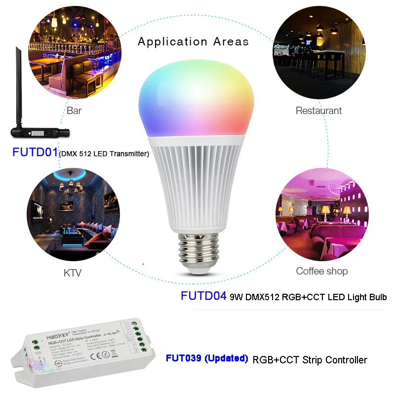 

MiBOXER DMX512 RGB+CCT E27 9W LED Light Bulb Lamp led Strip Controller;DMX 512 LED Transmitter;FUTD01/FUTD04/FUTD02