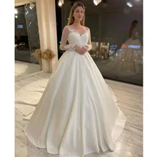 

Elegant Luxury Wedding Dress Satin Beading Sequined Appliques Long Sleeve O-Neck Sweep Train Bridal Gowns Robe De Mariée