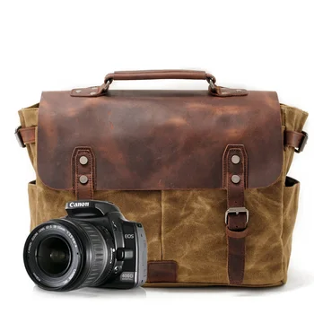 

Waxed canvas with crazy horse leather messenger bag men's shoulder bag with camera liner waterproof SLR camera bag