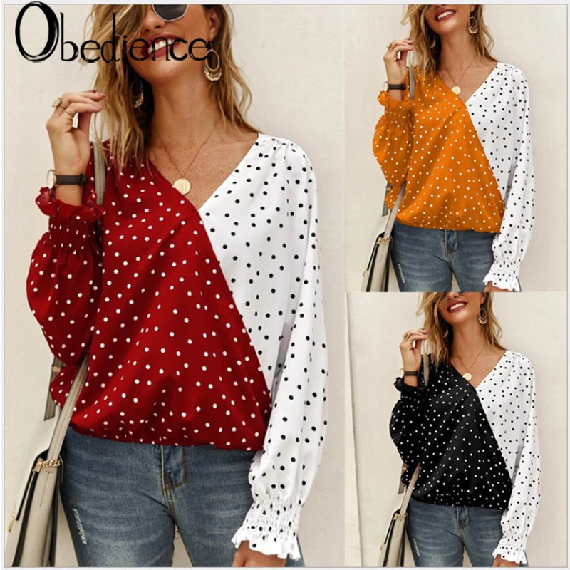 

2019 autumn and winter stitching wave long sleeve shirt casual shirt Polka Dot Sleeve Women Deep V-neck Sexy Chiffon T Shirt