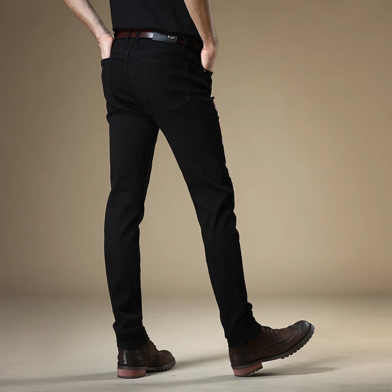 Men Jeans Fashion Rose Embroidery Black Denim Streetwear Straight Pencil Pants
