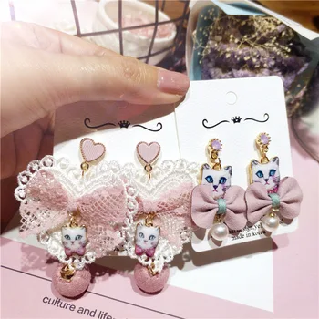 

2020 new arrival cute lace cat drop earrings exaggerated fashion jewelry Japanese and Korean girl heart bow earrings for women.