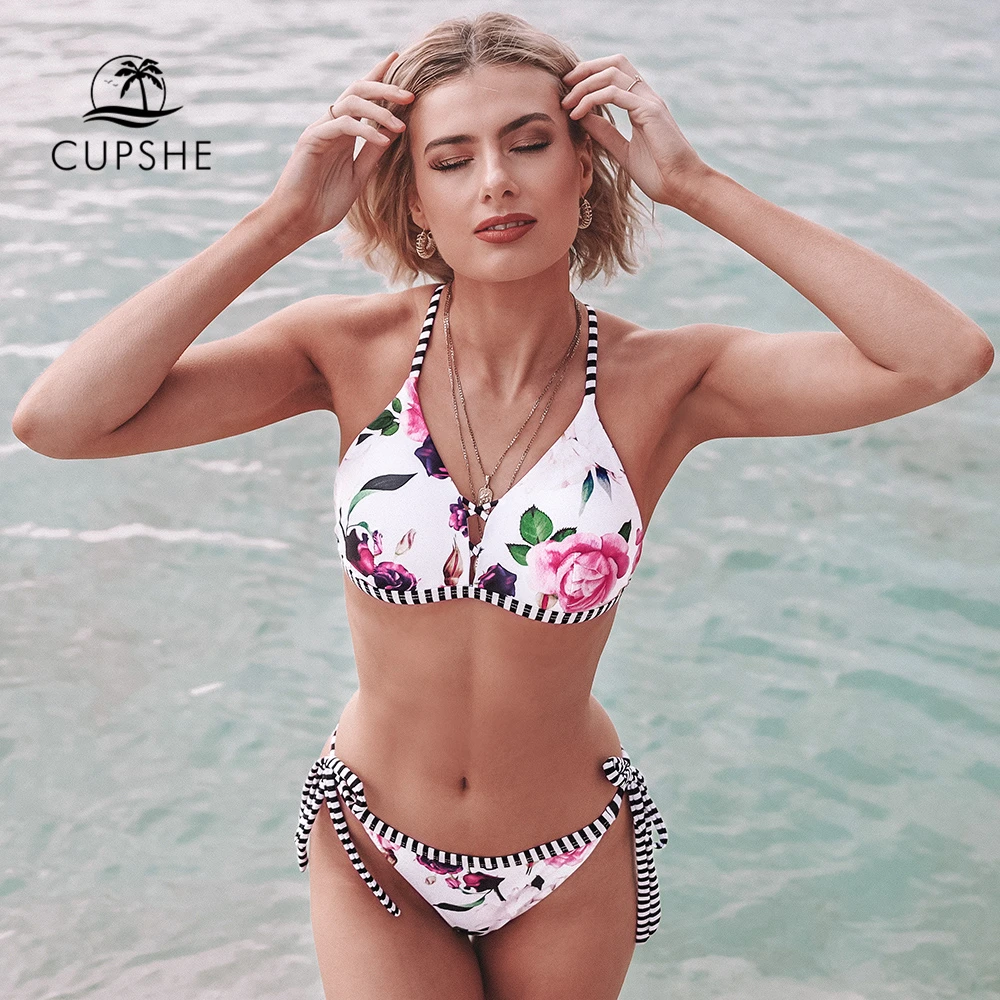 CUPSHE, цветочный и полосатый комплект бикини на бретельках, сексуальный купальник на шнуровке, два предмета, купальник для женщин,, пляжный купальный костюм