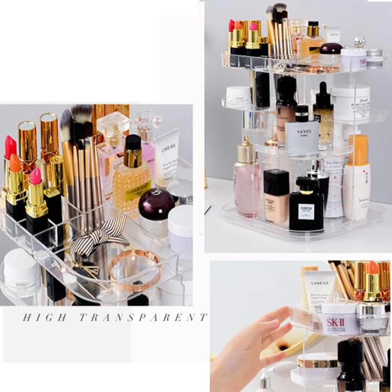  360-degree Rotating Cosmetic Storage Box Make-up Organizer Adjustable Transparent Storage Box Doubl