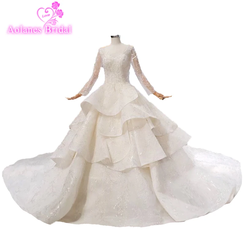 

2019 Fashion Crystals Beads Ruffless Shiny Wedding Dresses Off The Shoulder Corset Lace Up Back Multi-layer Puffy Wedding Gown