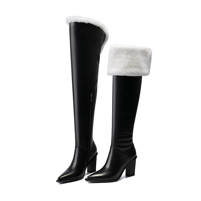 MORAZORA/Новинка года; брендовые ботфорты из натуральной кожи; женские зимние теплые высокие сапоги; обувь с острым носком на высоком толстом каблуке