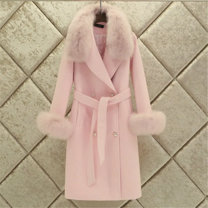 Имитация лисьего меха воротник длинный рукав ручная работа кашемир из флиса пальто женское длинное шерстяное пальто осень зима куртки n1052 - Цвет: pink