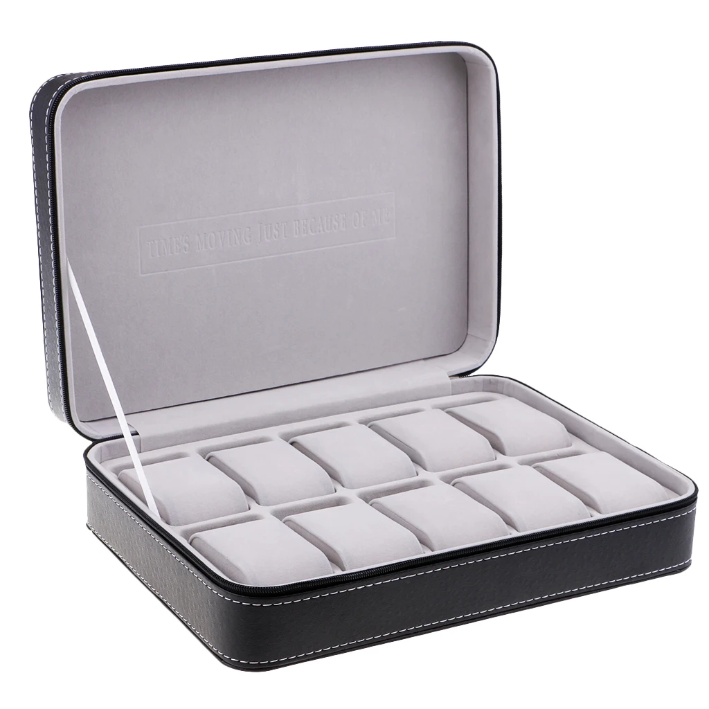 

10 Grids Zippered Watch Box Black Travel Jewelry Storage Case Present