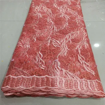 

African Lace Fabric Pink Nigerian Lace Fabric Bridal 2020 stones High Quality beads Net Tulle Lace Fabric For Wedding Party