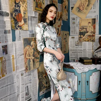 

New Printed Satin Silk Cheongsam Long Elegant Daily Improved Qipao Dress Sexy High Split Banquet Party Dress Women Chinese Qipao