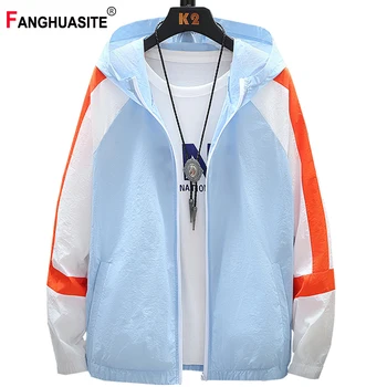 

2020 Summer New Men's Thin Sun Protection Clothing Anti-UV Breathable Stitching Hooded Windbreaker Casual Fashion Jacket Men V99