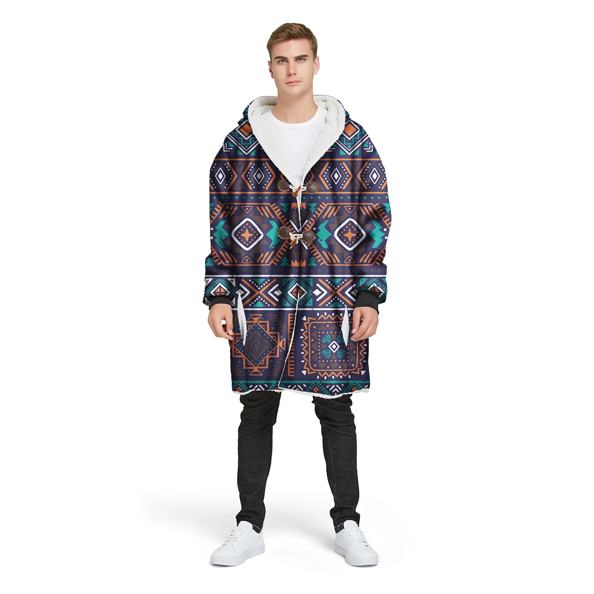 

Customer made 3D print custom design man's Sherpa coat loose long winter plus velvet jacket 100% polyester hooded warm CL48