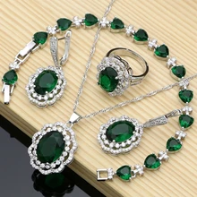 Свадебный ювелирный набор для невесты, ожерелье, кольцо, 925 пробы, серебро, зеленый, кубический цирконий, браслет для женщин, серьги, модные ювелирные изделия