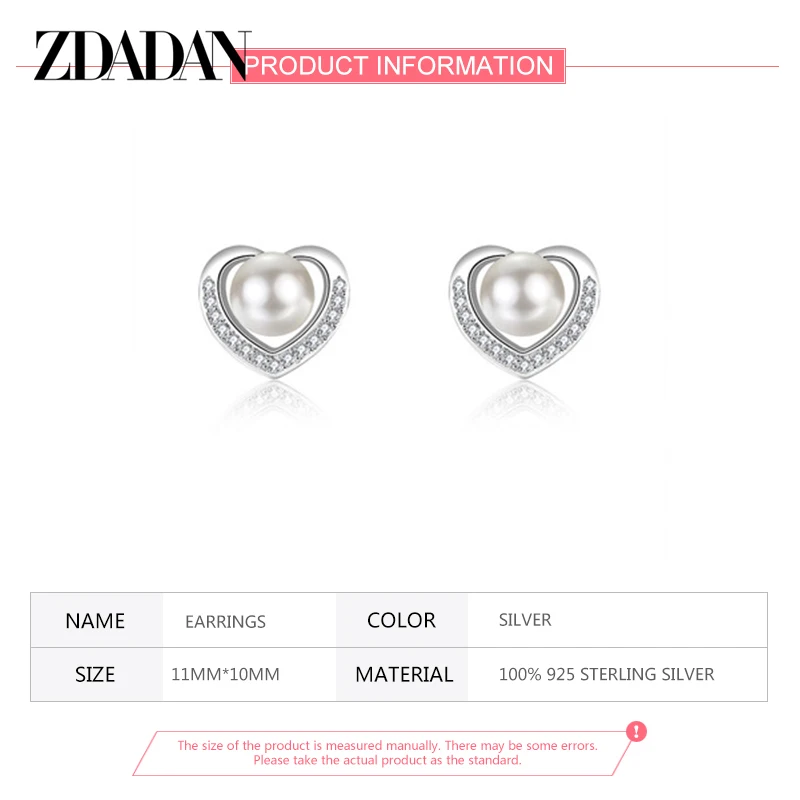 ZDADAN 925 Sterling Silver Heart Pearl Earrings For Women Fashion Jewelry