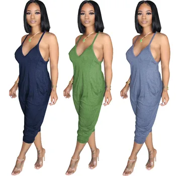 

2020 Summer Women Spaghetti Strap Sleeveless Pockets Draped Jumpsuits Rompers Sexy Night Clubwear Party One Piece Women Outfits