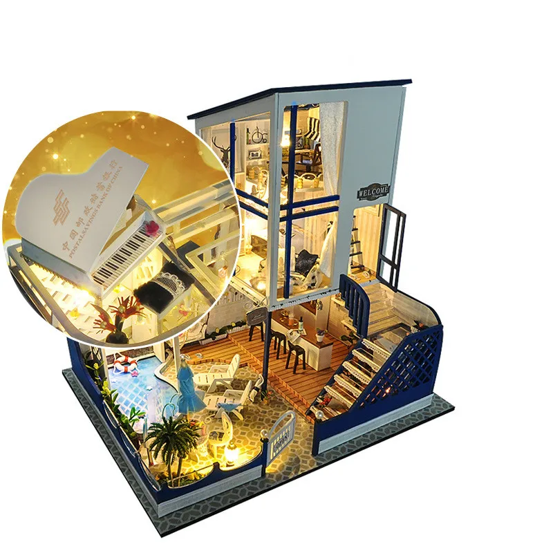 

Crafts DIY Wood Lighting House Private Garden Pool Spa Villa Star Waltz Kid's Birthday Gift Doll House Furniture Dollhouse Kit