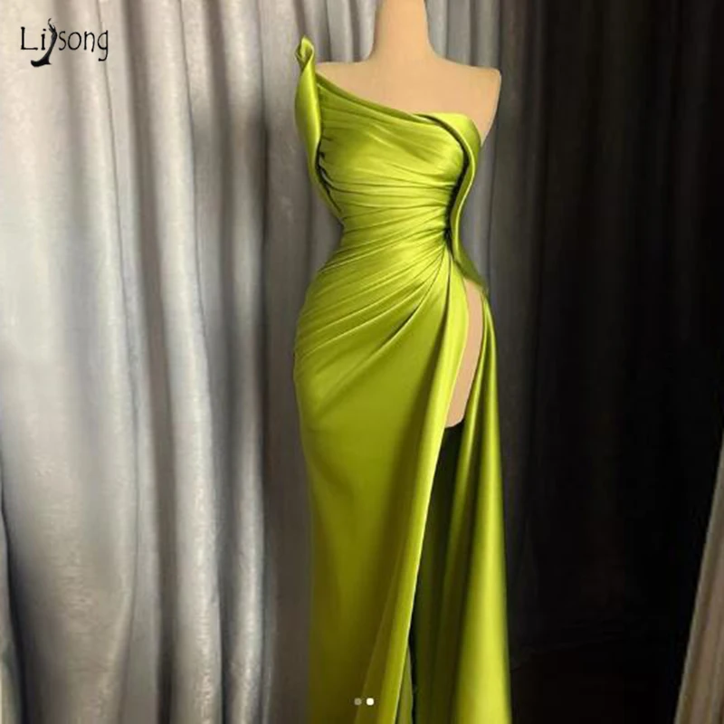 Real Image Sexy Split Side Slit Evening Party Dresses Couture Middle East One Shoulder Prom Gown Ruched Satin Women | Женская одежда