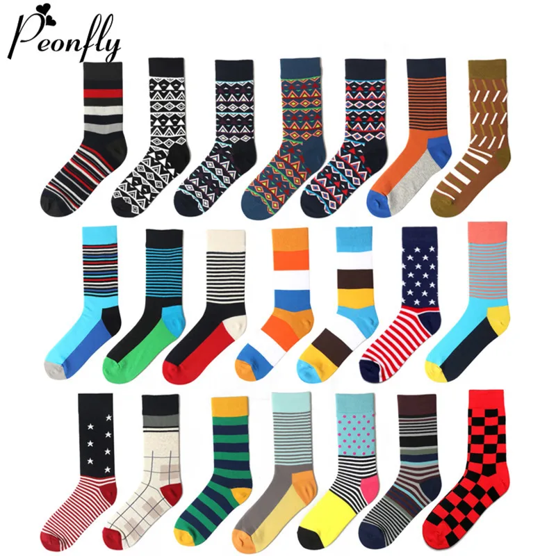 

PEONFLY 1 Pair Men Dress Socks Cotton Colorful Striped Plaid Printed Comfort Happy Socks Skate Funny Geometry Dot Wedding Socks