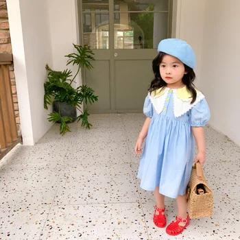 

girls dress blue color turn-down collar sweet toddler baby dresses