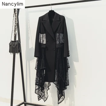 

Black Blazer Coat Women 2019 New Spring Autumn Korean Slim Sexy Lace Stitching Mesh Irregular Long Suit Blazers Lady Windbreaker