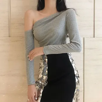 

Female Casual Solid Color Shirt Black Grey Slim Tee Shirts Femme Autumn Long Sleeve Top Women Sexy Off Shoulder Tops