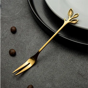 gold Fork Ложка из нержавеющей стали, маленькая свежая ветка для перемешивания, кофейная ложка, лист, фруктовая вилка, подарок, титановая красочная посуда с покрытием - Цвет: gold Fork