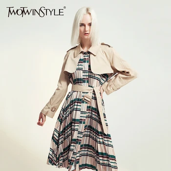 

TWOTWINSTYLE Patchwork Plaid Women's Windbreaker Lapel Collar Long Sleeve High Waist With Sashes Coat Female Autumn Fashion 2020
