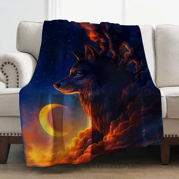 

Large Size Home Square Soft Blanket Wolf Moon Warm Printing Blanket Bedroom Soft Warm Wool Blankets