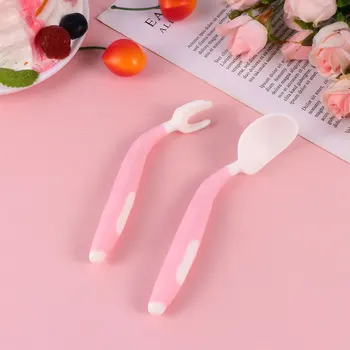 

2pcs in 1 Set Baby Food Supplement Feeding Tableware Fork Spoon Combination Set Practice Feeding Tools for Infant Baby(Pink)