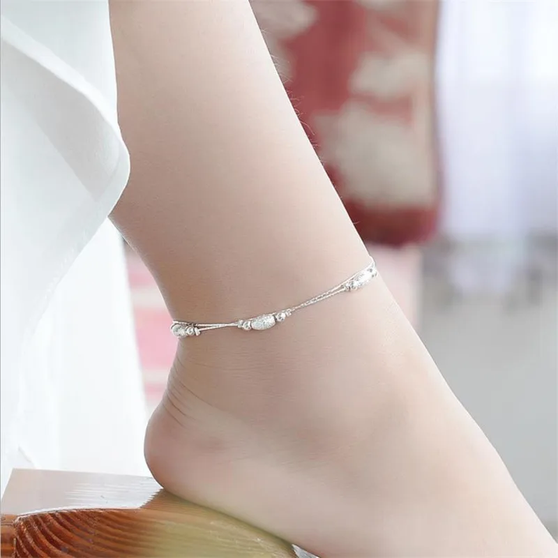 Мода 925 стерлингового серебра anklets Для женщин ювелирные изделия Шарм серьги с матовыми шариками двухслойные Браслеты Женские аксессуары анклет