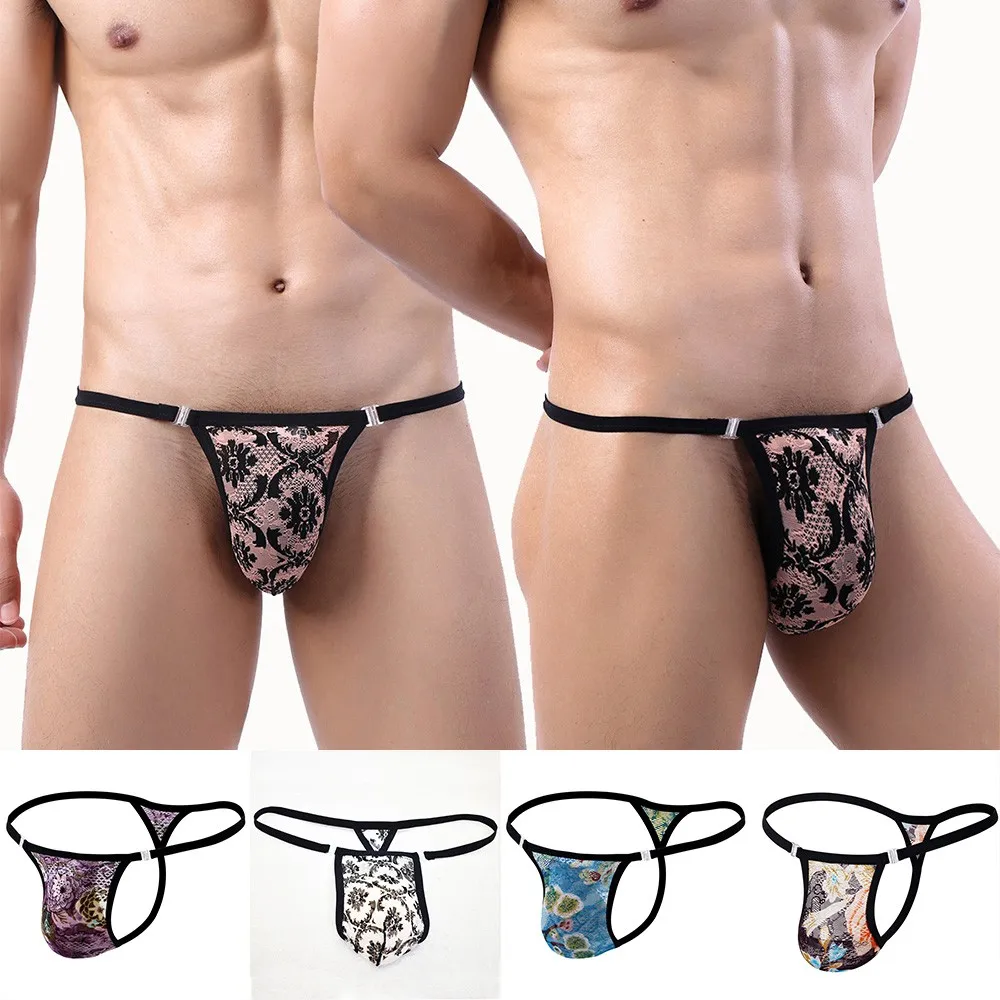 Мужские Трусы-стринги с длинным мешочком кружевное Прозрачное нижнее белье