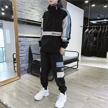 

Fashion 2 Pieces Sets Mens Fashion Cargo Pullover Tracksuit with Pockets Military Jackets and Loose Fit Elastic Waist Pants Hip