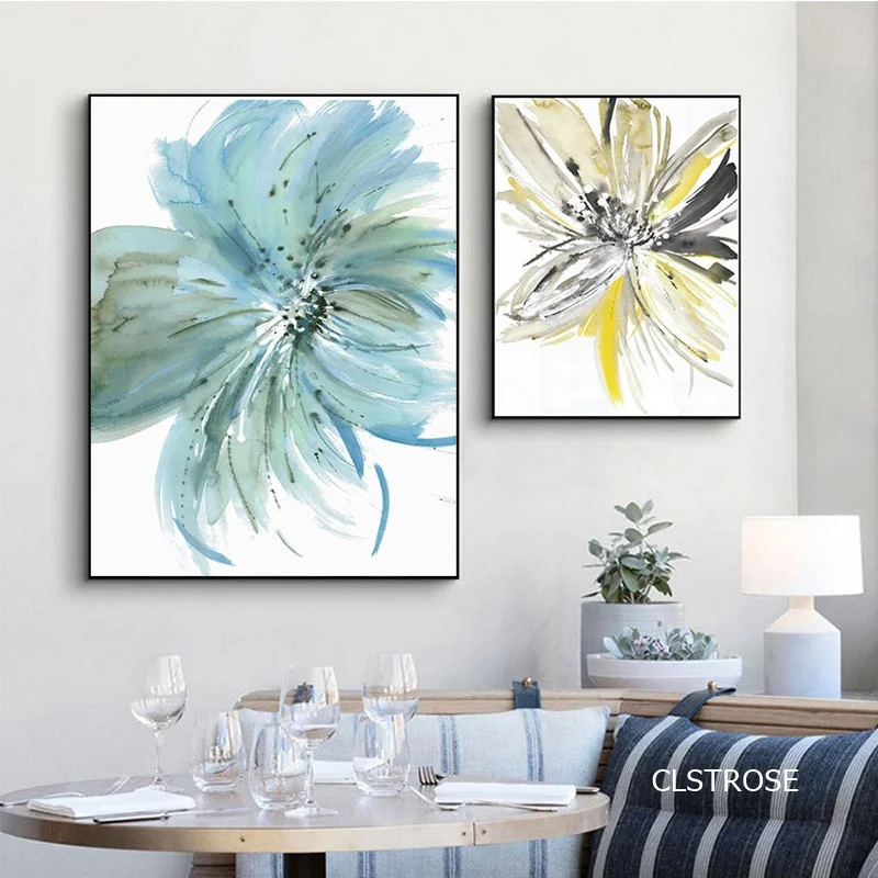 Nordic Modern Style Abstract Blue Yellow Flower And Plant Posters Art Canvas Pictures For Living Room Bedroom Decor Unframed | Дом и сад