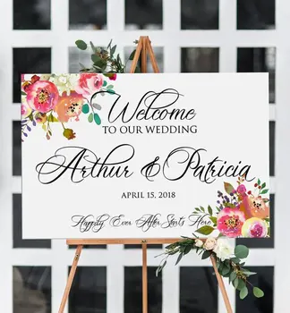 

Custom Welcome to our Wedding Sign,Wedding Welcome Sign,Pink Blush Peach Flowers Personalized Wedding Birthday Welcome Board