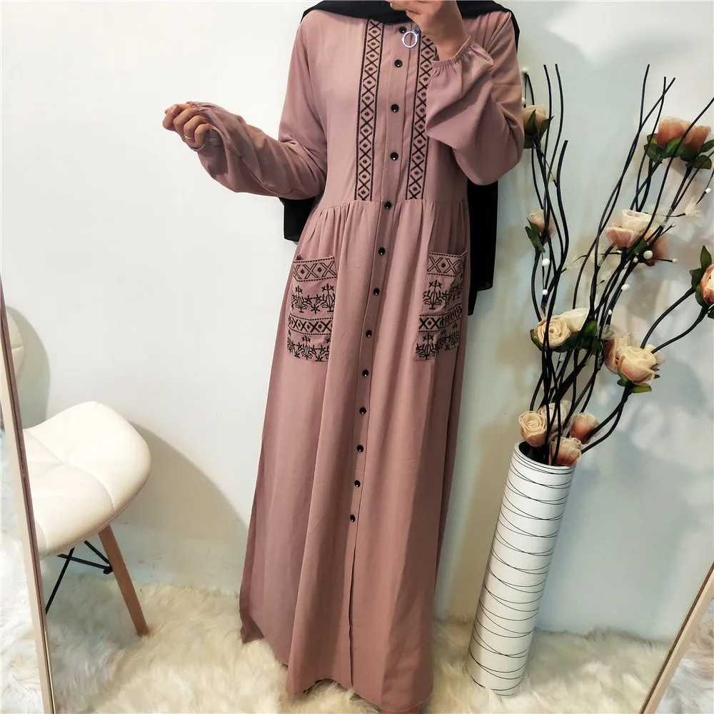 Женское повседневное мусульманское платье с вышивкой на пуговицах и карманами, длинное мусульманское платье с длинным рукавом, мусульманское длинное платье в турецком стиле