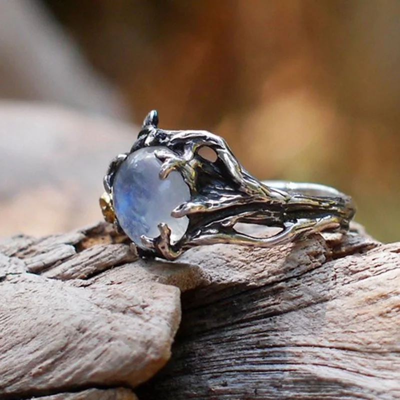 Crystal Rings Engagement Rings Stone Rings Fashion Rings Finger Rings Fashion Ring Metal Rings Vintage Retro Tree Leaf Natural Moonstone Stone Rings for Women Engagement Christmas Jewelry Gift