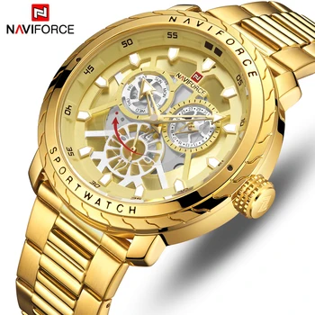 

NAVIFORCE 2019 New Men Fashion Gold Quartz Wristwatch Stainless Steel Waterproof Sport Mens Watch Date 24 Hour Analog Male Clock