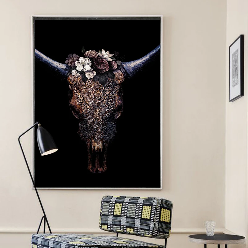 Canvas Painting Wall Art Posters Nordic Bull Skull Carved Pattern Wear