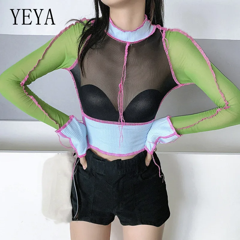 

YEYA Knitted Mesh Patchwork Ruffles Neck Tank Tee Shirt Women Autumn Full Sleeve Bodycon Crop Tops Casual Skinny Tops Outfits