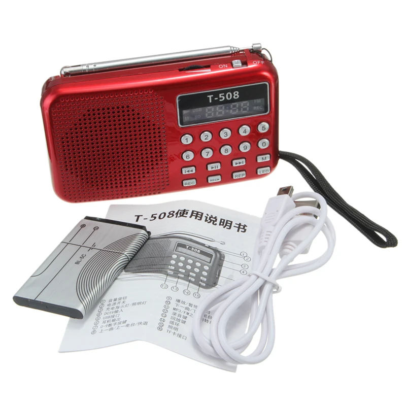 T508 Mini Portable LED Light Stereo FM Radio MP3 Music Player TF USB Speaker, Red