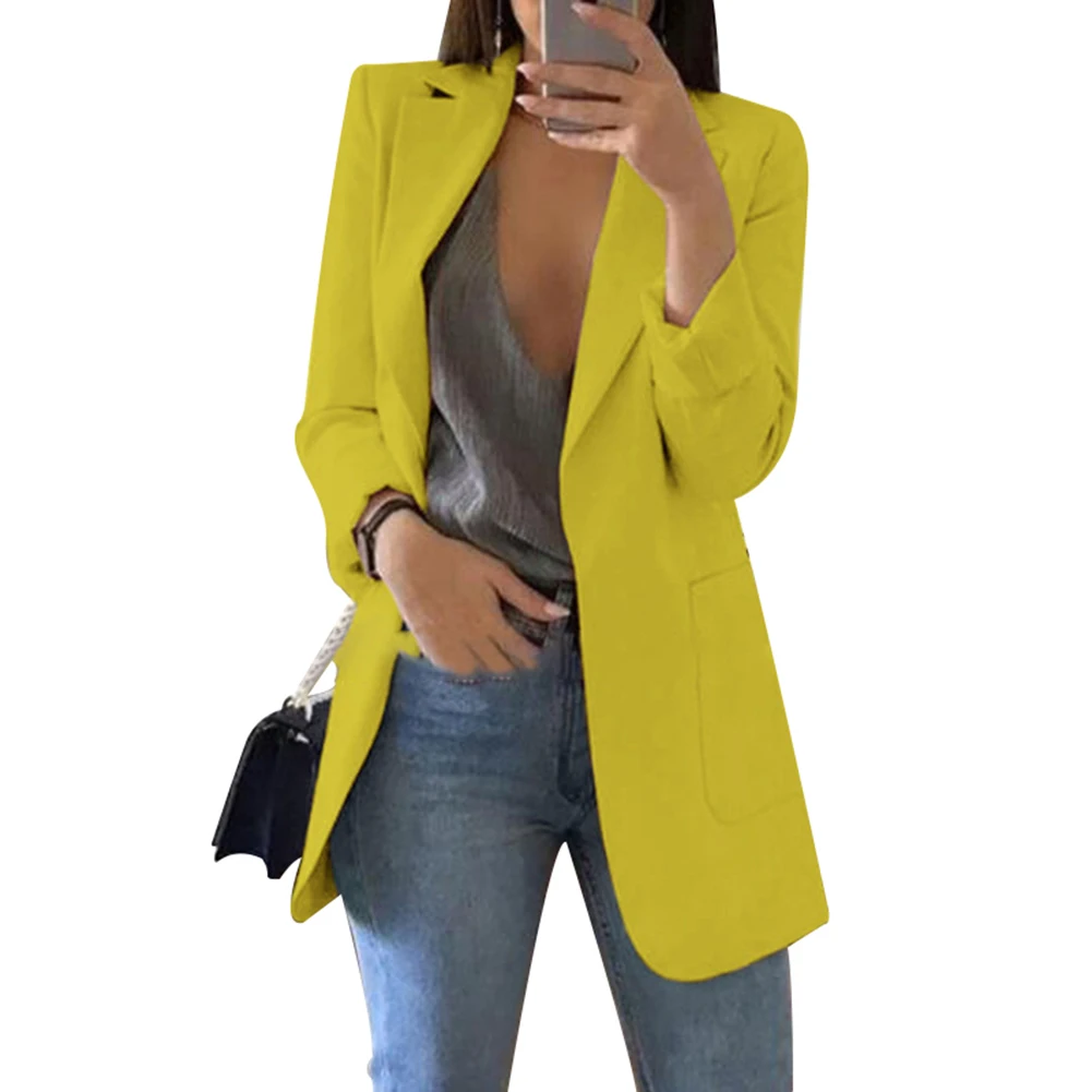 Новые женские блейзеры, пальто, повседневный тонкий пиджак в деловом стиле, костюм, Женское пальто, Офисная Женская куртка, одноцветная женская верхняя одежда DO99 - Цвет: Цвет: желтый