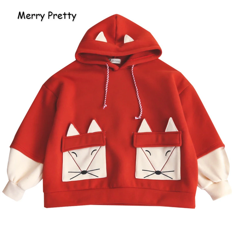 MERRY PRETTY, женские толстовки с капюшоном с вышитой лисой из мультфильма, толстовки с ушками на капюшоне, Harajuku Kawaii, зимний бархатный пуловер