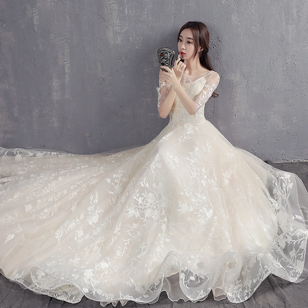 Vestido de Noiva/Свадебные платья с коротким рукавом 2019, с аппликацией из тюля, роскошный халат de Mariee, иллюзия сзади, простой брюйдсюркен