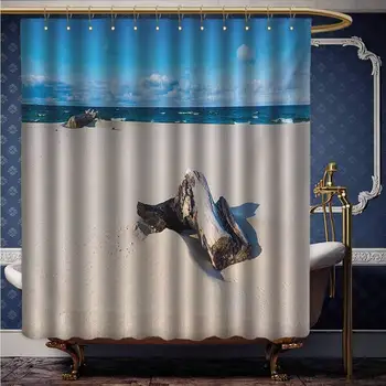 

Driftwood Resistant Polyester Shower Curtain Landscape of The Sandy Sea Shore with Driftwood Cloudy Sky Digital Image Multicolor