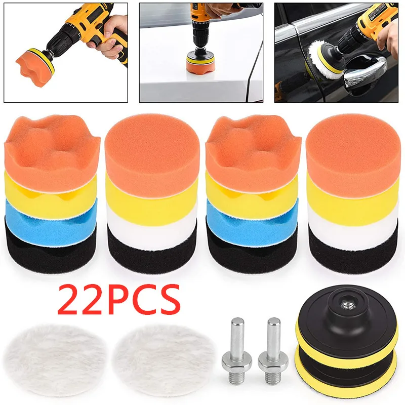 22PC Car Polishing Sponge Pads Kit Buffing Waxing Foam Pad Buffer Set Polisher Machine Wax Pad