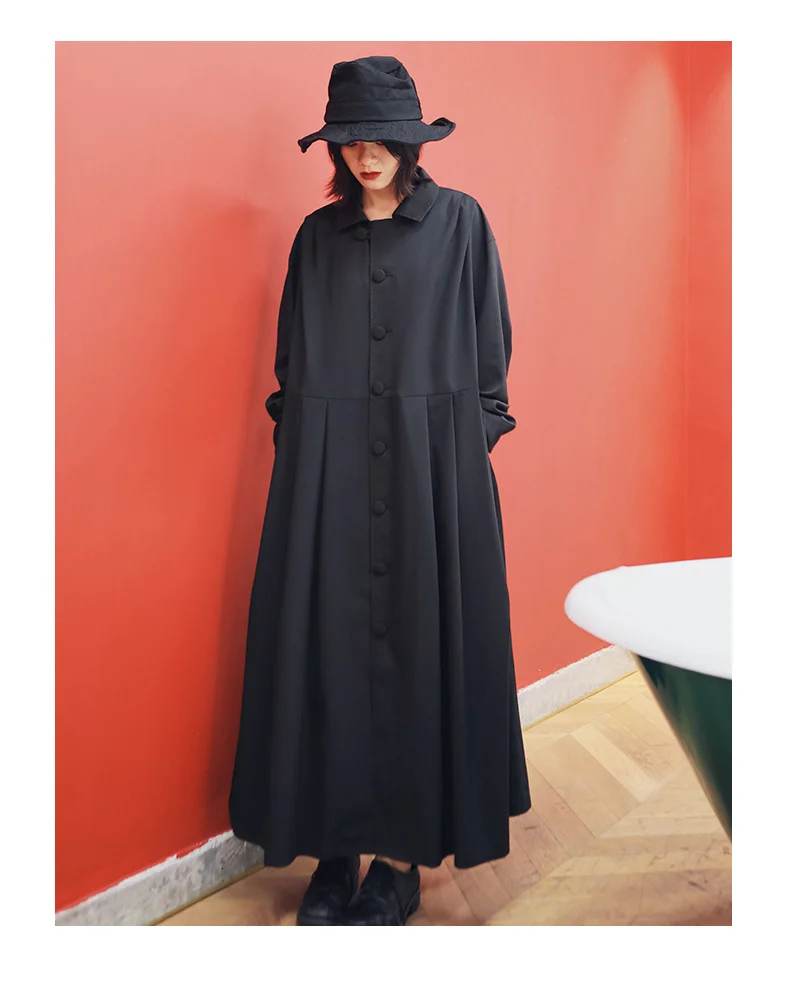 [DEAT] Women Black Pleated Brief Trench New Lapel Long Sleeve Loose Fit Windbreaker Fashion Tide Autumn Winter 13E557