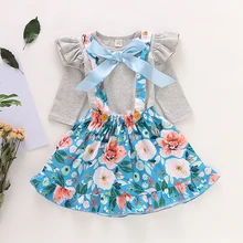 Pudcoco/Одежда для новорожденных девочек однотонная Футболка с рукавами-крылышками топы с цветочным принтом на бретелях, мини-юбка комплект одежды из 2 предметов