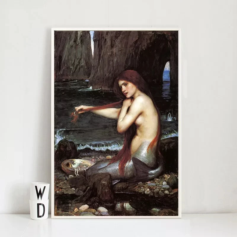 

Canvas Poster Wall Prints Painting Home Decor John William Waterhouse Mermaid Portrait Picture Canvas Art Poster for Living Room