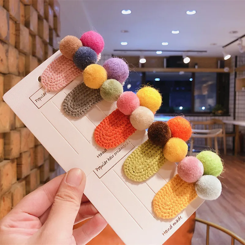 

Boutique ins 24pcs Fashion Cute Felt Pom Pom Snap Clips Solid Color Ball Crochet Barrettes Princess Headwear Hair Accessories