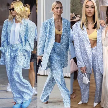 

2020 Retro Blue Floral Print Long Sleeve Single Breasted Turn Down Collar Blazer High Waist Zipper Pants Fashion Suit for Women